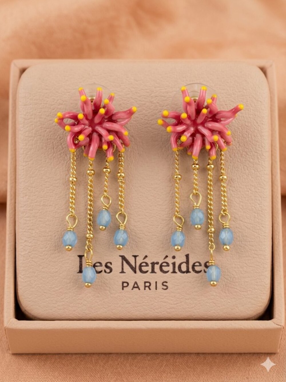 Gold-Chain Pink Coral Cluster Drop Earrings with Light Blue Bead Fringe